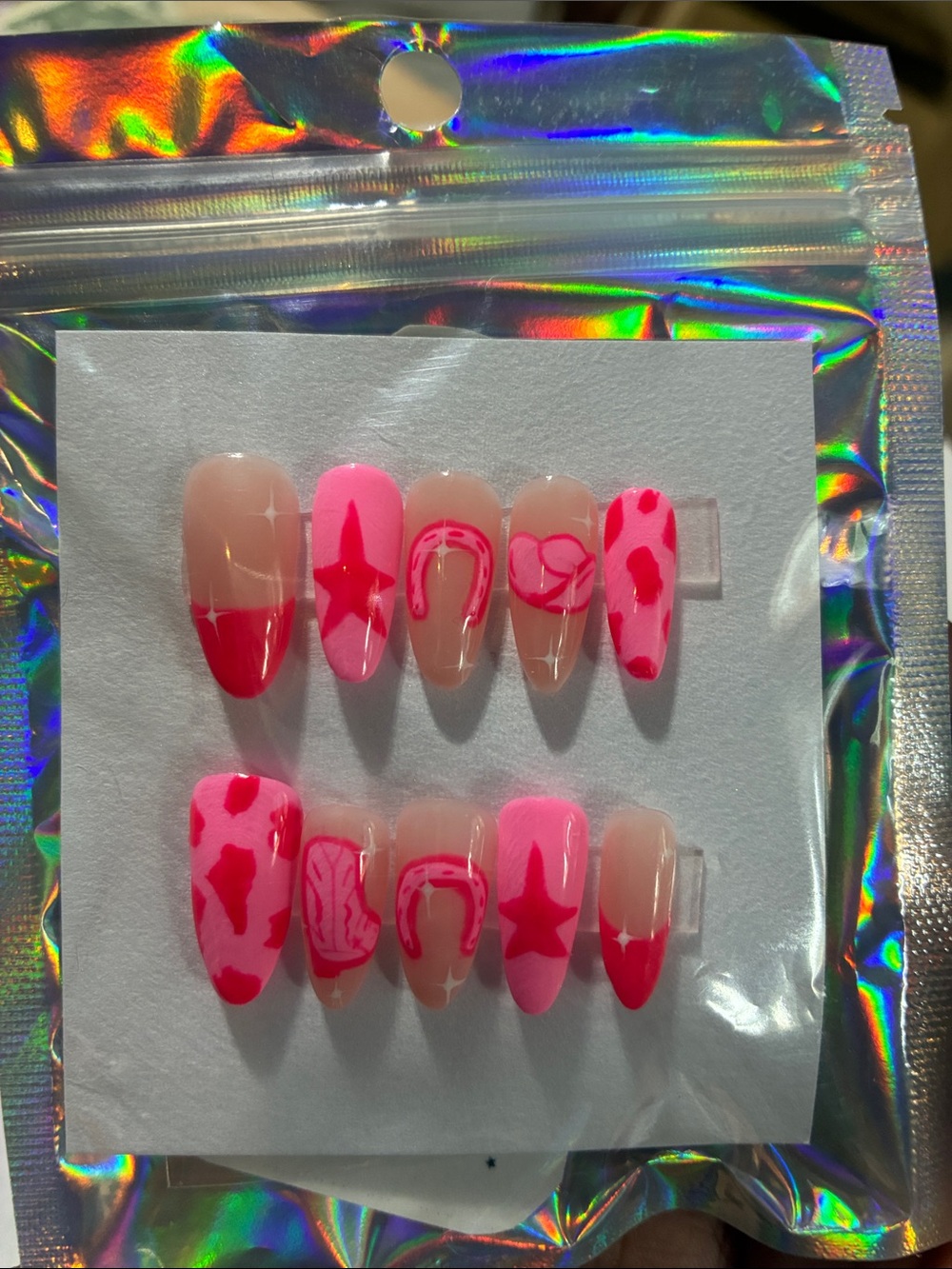 Hot Pink Cow Print & Star Press-On Nail Set - Bright Pink Accent